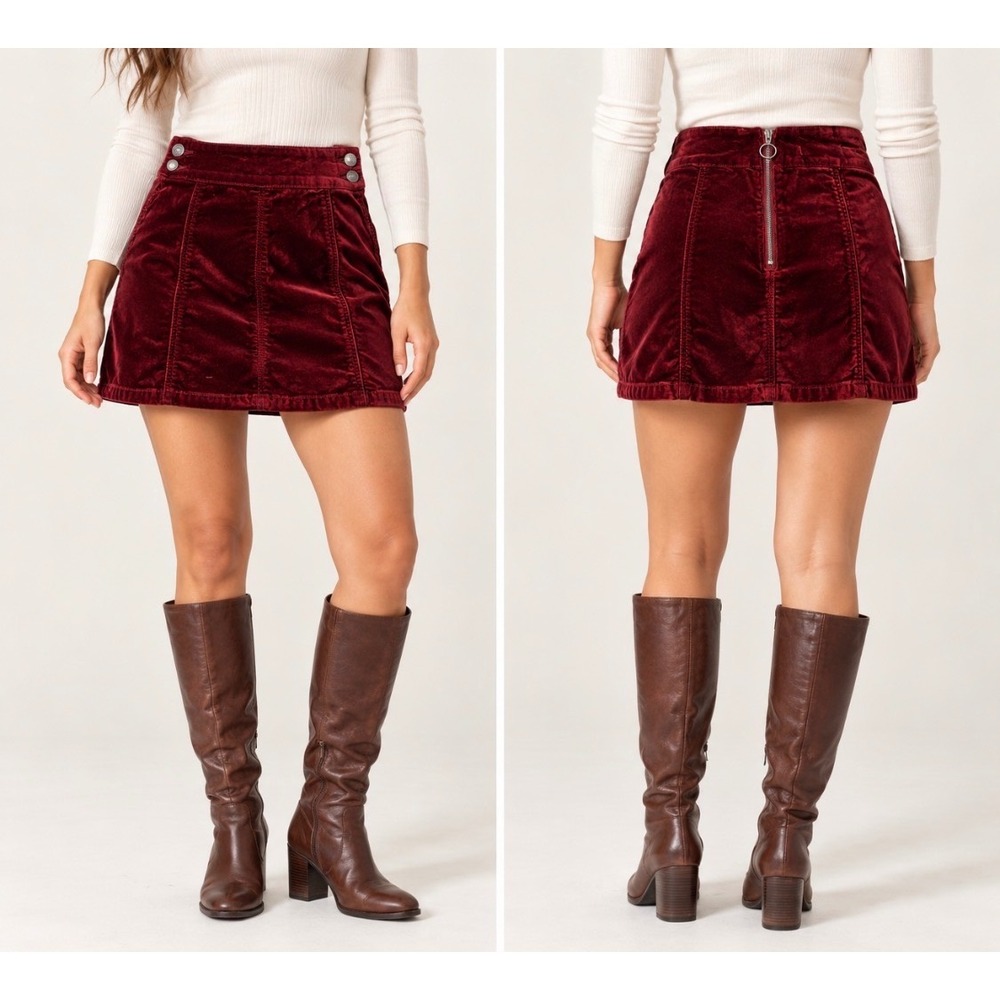 Free People Retro Velvet Mini Skirt Womens 27 Burgundy Wine Red High Rise NWOT